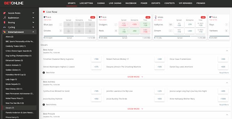 An image of an entertainment proposition bet on the Oscars from BetOnline.
